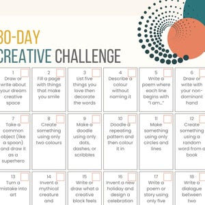 30-Day Creative Challenge for Beginners – Printable Artistic Journal and Reflection Pages | Creativity Prompts for Adults and Teens