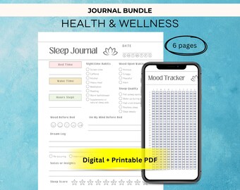 May include: A digital and printable PDF journal bundle for health and wellness. The image shows a sleep journal and a mood tracker on a smartphone. The sleep journal includes sections for bed time, wake time, and sleep quality. The mood tracker is displayed on a smartphone.