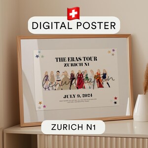 May include: A digital poster for the Eras Tour, featuring a group of people in various outfits, with the text "The Eras Tour Zurich N1" and "July 9, 2024".