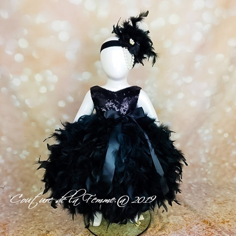 Elegant Black Flower Girl Dress with Sequin Bodice and Black Feathers Weddings Black Flower Girl Dress for Toddlers Black Pageant Dress