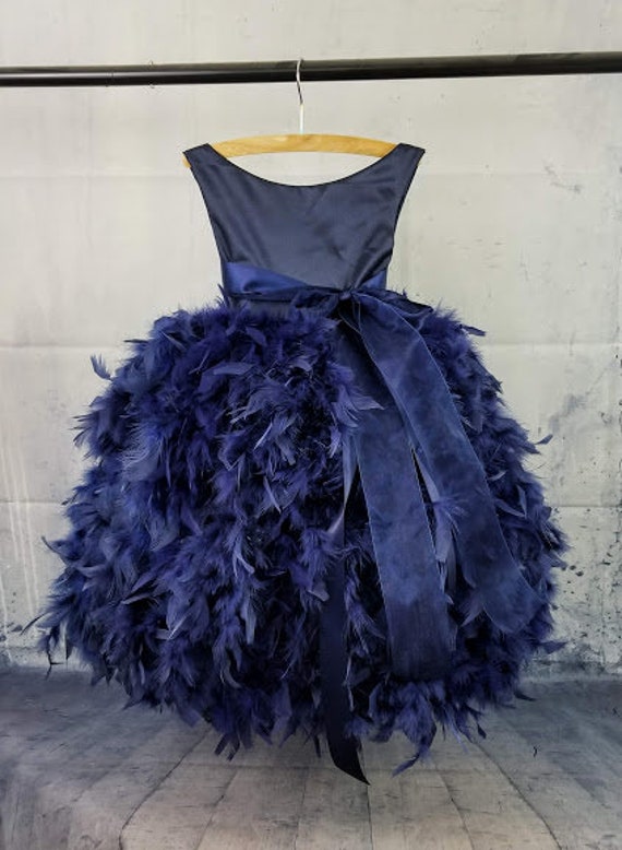 Girls Navy Blue Special Occasion Dress Feather Flower Girl | Etsy