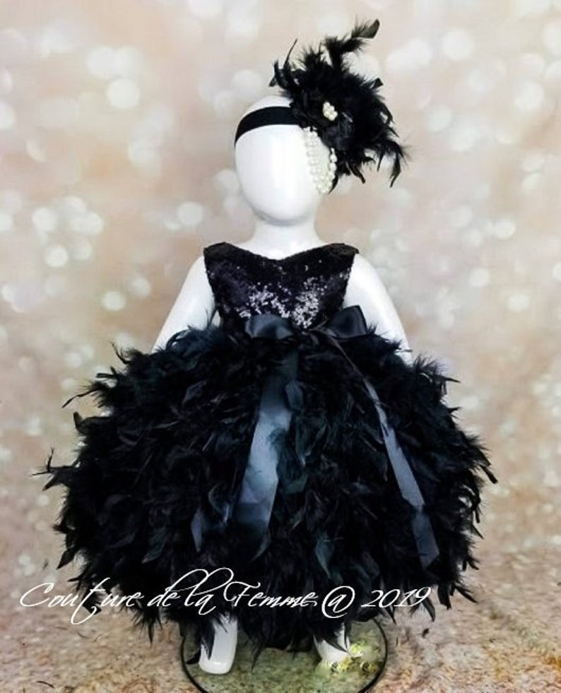 Elegant Black Flower Girl Dress with Sequin Bodice and Black Feathers Weddings Black Flower Girl Dress for Toddlers Black Pageant Dress