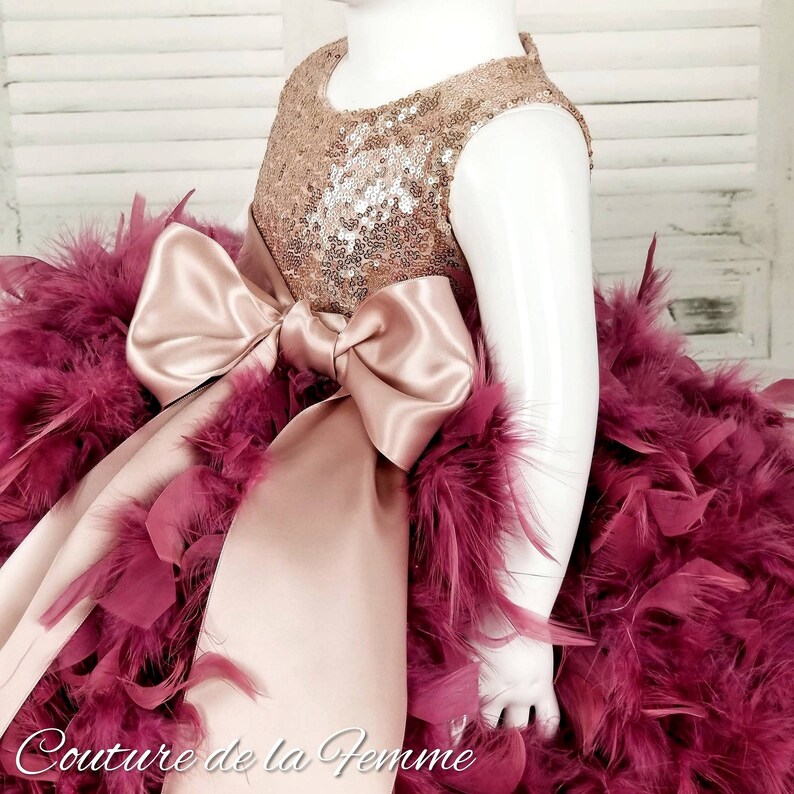 rose gold and burgundy flower girl dress