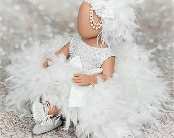 White Baptism Dress - Christening Dress - Pageant Dress - White Flower Girl Dress - First Birthday Dress - Rhinestones - Feather Dress