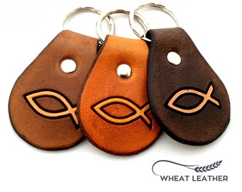 LEATHER KEYCHAIN - JESUS fish // Cristian fish // Christianity // Ichthys // Ichthus // Sign of the fish // Keychain // Keyfob //