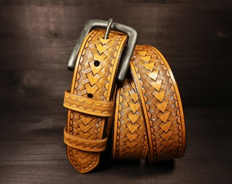 LEATHER BELT - #001 // Western style leather belt // Country Leather Belt // Decorated belt // Basket stamping // Leathercraft //