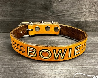 Personalized Handmade Leather Dog Collar with Basket Stamping - Custom Name Engraving