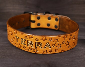 PERSONALIZED LEATHER COLLAR With your dogs name, in various sizes and colors, made from high quality vegetable tanned leather.