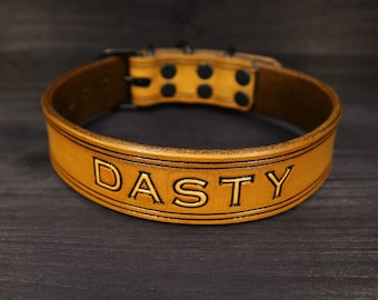 PERSONALIZED LEATHER COLLAR With your dogs name, in various sizes and colors, made from high quality vegetable tanned leather.