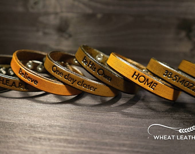 Featured listing image: PERSONALIZED LEATHER BRACELET - Up to 4  your own words embossed on unisex leather bracelet. One size fits most. Traditional embossing words