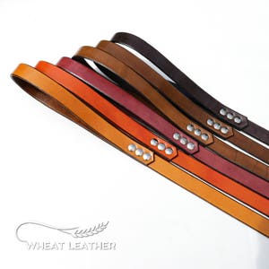 Op de afbeelding: Vijf leren hondenriemen in verschillende tinten bruin, oranje en rood, met zilveren metalen accenten. De riemen zijn gestapeld, met de donkerste bruine riem bovenaan en de lichtste oranje riem onderaan. De riemen zijn allemaal gemaakt van hoogwaardig leer en hebben een duurzame constructie.  Wheat Leather.
