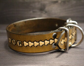 Personalized leather dog collar with name for big and middle dog breeds.