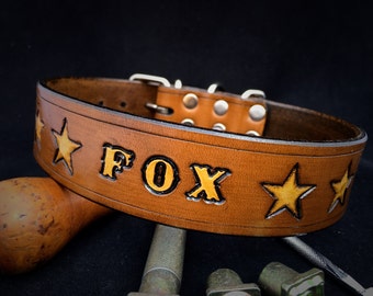 PERSONALIZED DOG COLLAR // Leather dog collar // With name // With Stars // Made from cowhide // High quality collar // Brown color //