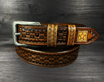 Western style Leather Belt - STARS // Leather Belt // Mens Leather Belt // Womens Leather Belt // Western // Country // basket stamping