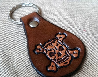 LEATHER KEYCHAIN - SKULL // Crossbones // Party favor // Little gift //Leather key fob // Leather keyfob // Keychain // Keyfob // Keyring //