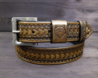 Western style Leather Belt - The Wolf // Leather Belt // Mens Leather Belt // Womens Leather Belt // Western // Country // basket stamping