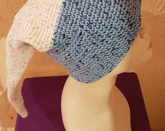 bonnet de lutin " modèle " les bi tons ", bleu ciel et blanc tweed