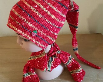 Ensemble bonnet plus écharpe crochet et tricot, motif fraise pour fillette