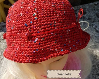 Chapeau d'été crocheté rouge plein de paillettes pour petite fille jeune fille petite tête et son ruban rouge