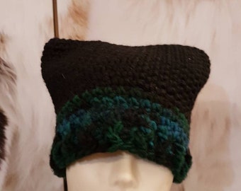 Large cat earcap in thick wool top black and stocking black and mixed oil