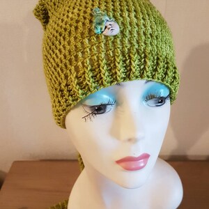 Peut inclure: Un bonnet en crochet vert avec une longue queue, orné d'un petit embellissement en céramique vert et blanc sur le dessus.