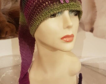 Bonnet de lutin violet vert avec broderie chat violet, charmant