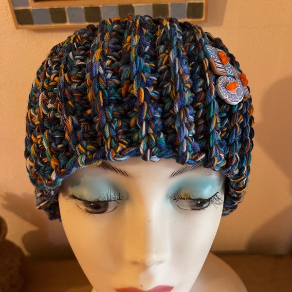 Headband, bandeau multicolore et boutons assortis fimo crocheté extensible