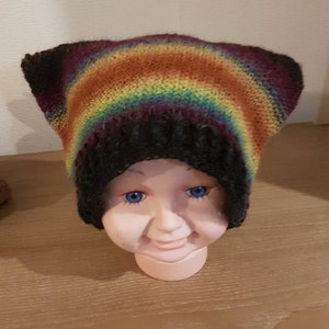 Peut inclure: Un bonnet tricoté rayé arc-en-ciel avec des oreilles noires. Le bonnet est sur une tête de mannequin.
