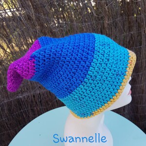 Peut inclure: Un chapeau crocheté coloré avec un sommet pointu et une bordure jaune. Le chapeau est fait dans des tons de bleu, turquoise et violet.