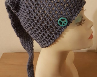 Cute leprechaun cap in blue jeans merino tweed and its little peace and love button