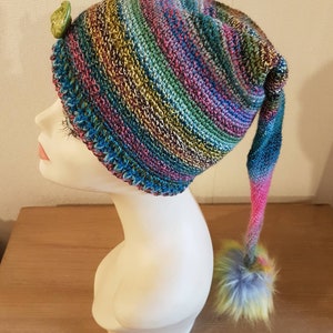 Peut inclure: Un chapeau crocheté coloré avec une longue queue et un pompon moelleux. Le chapeau est fait de plusieurs couleurs, dont le bleu, le vert, le violet et le rose. La queue est un dégradé de rose et de bleu. Le pompon est un mélange de bleu, de jaune et de blanc.