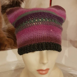 Peut inclure: Un bonnet tricoté rayé violet, vert et noir avec des oreilles de chat.