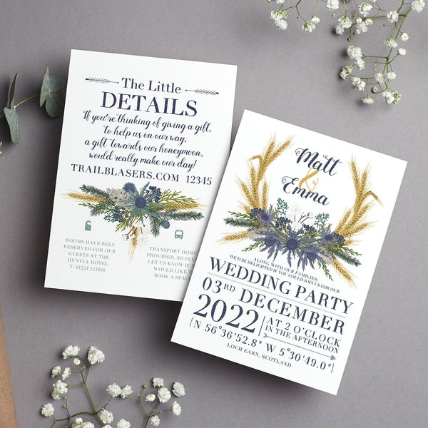 Country themed wedding invitation with Thistles and Barley, Winter Wedding, Rustic Wedding, Vintage Wedding