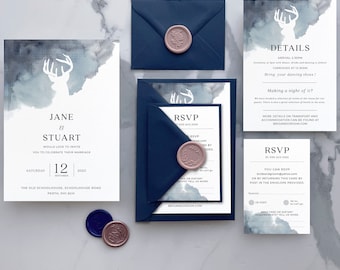 Wedding stationery bundle featuring Soft watercolour tartan with stag's head design  | Printed Wedding Invitations | DIY Wedding Invitations