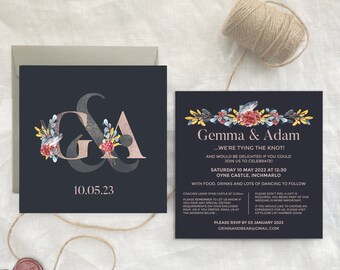Wedding Stationery Set with Watercolour Salmon, initials and and floral design, Fisherman's Wedding, Navy Wedding