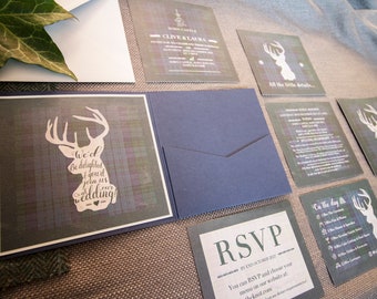 Scottish Wedding Stationery Pack, with Stag's Head, Navy Tartan with invite, details card and RSVP