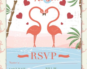 Vintage Flamingo Wedding Invitation and RSVP, Kitsch Wedding Invite