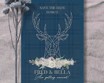 Scottish Wedding Save The Date Card with Navy Tartan and Blush Pink Geometric Stag Head and flowers