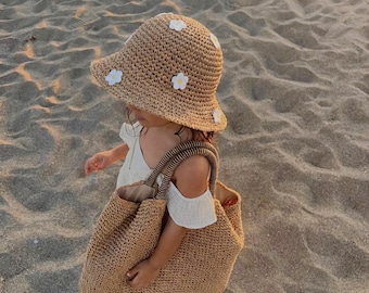 Baby Straw Sun Hat | Toddler Beach Hat for Summer | Wide Brim Sun Hat for Girls | Lightweight Daisy Straw Hat | Baby & Toddler Beach Hat