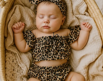 Adorable Leopard Baby Girl Outfit Set, Safari Theme Baby Clothes, Boho Summer Toddler Outfit, Cute Animal Print Baby Outfit