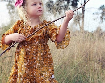 Must-Have Floral Dresses for Girls, Spring Baby Dress, Girls Boho Dress, Cowgirl Dresses for Girls, Fall Baby Outfit, Country Mustard Dress