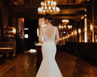 Backless Mermaid Wedding Dress, Elegant V Back Bridal Gown, Minimalist Wedding Dress, Simple Bridal Dress with Train