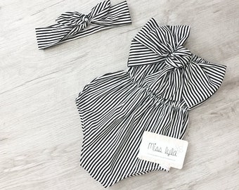 Baby girl summer romper, Striped romper, Bow tie romper, bubble romper, personalized girls romper, summer romper, Black and white romper