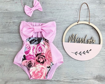 Pink retro baby girl romper, Pink summer girls outfit, Baby girl romper, Summer toddler clothes, Newborn girl outfit, Bow romper girl