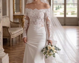 Off the Shoulder Lace Wedding Dress | Long Sleeve Illusion Bridal Gown | Crepe Sheath Wedding Dress | Romantic Classic Bride | Fitted Gown