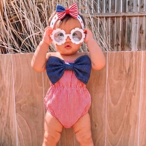 4th of July Baby Girl Romper Red Stripe Bow, Patriotic Baby Outfit, Baby First Fourth Outfit, Summer Baby Romper, Newborn Girl Outfit