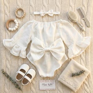 Linen Baby Girl Romper Long Sleeve with Bow, Neutral Baby Outfit, Newborn Girl Romper, Minimalist Baby Clothes, Toddler Outfit