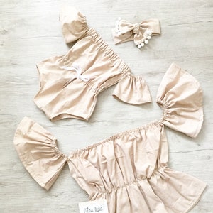 Mommy and Me Summer Outfits, Boho Beige Crop Top Set, Cute Mama and Mini Clothes, Trendy Matching Outfit, New Mom Gift