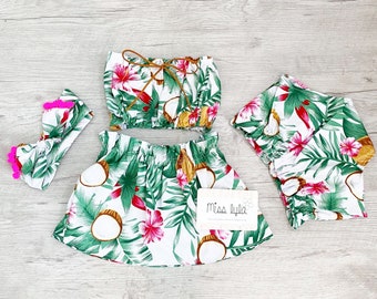 Baby girl tropical set, Baby summer outfit, girls summer clothes,Hula outfit, luau outfit, Hawaiian baby girl outfits, cute baby shower gift