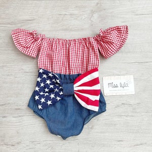 Newborn Infant Girls 4th of July Romper, Baby Bodysuit + Stars Stripe American Flag Summer Outfits, Patriotic romper, My first 4th of july